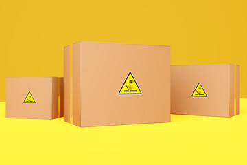 Poster - The concept of transportation of dangerous goods and hazardous materials. Cardboard boxes with a “Keep your eyes” sticker on a yellow background. 3d rendering