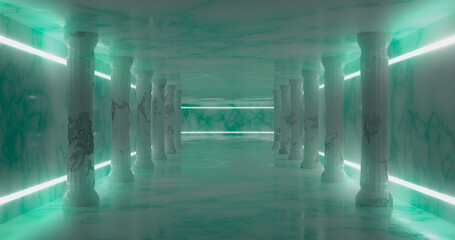 Wall Mural - 3d rendering. Marble corridor with damaged columns with light blue neon stripes along the walls. Neon glow.