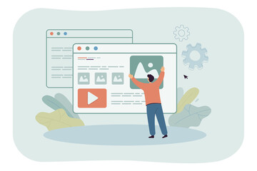 Wall Mural - Male cartoon content creator publishing new post online. Man adding information to personal blog flat vector illustration. Digital content, social media concept website design or landing web page