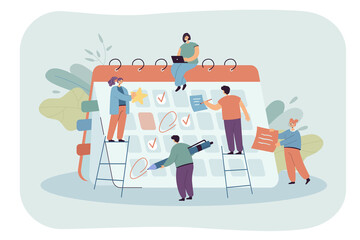 Wall Mural - Business persons planning meeting schedule using huge calendar. Office people or students managing work, posting social media content flat vector illustration. Time management, education, job concept