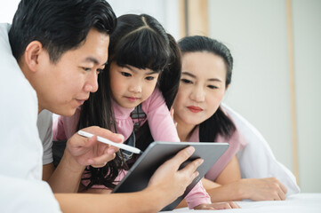 children development education, mother and daughter family playing and learning fun at home, young woman and eltern teacher are happy smiling together, little cute girl childhood concept