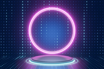 Digital product background. Silver cylinder podium with pink circle led light reflects on dark dot effect blue background. 3D illustration rendering.