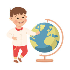 Poster - Cute Boy with Huge Globe as School Stationery Vector Illustration