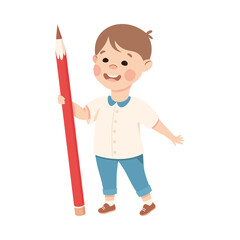 Sticker - Cute Boy with Huge Pencil as School Stationery Vector Illustration