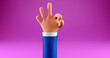 The cartoon hand shows the OK gesture. Trendy 3d illustration, on a pink background. The hand of a cartoon character in a business suit. Business concept, 3d rendering.