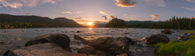 Panoramic Landscape Sunset Over Beautiful Wilderness Lake Setting, Lake Wenatchee, Washington State, Pacific Northwest