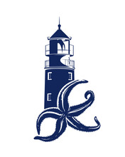 Starfish And Lighthouse Tower Blue And White Vector Monochrome Outline For Sea Voyage Concept