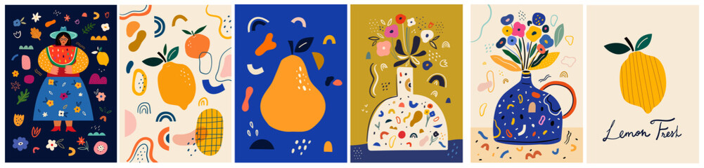 Wall Mural - Fresh stylish posters with fruits, flowers, abstract elements and doodles