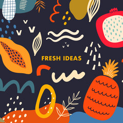 Wall Mural - Fresh stylish template with abstract elements, doodles and fruits. 