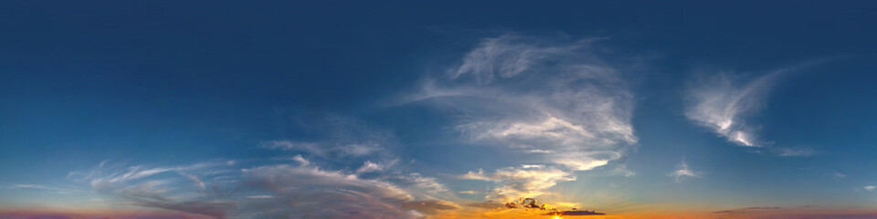 hdri 360 panorama of evening sky with white beautiful clouds. seamless panorama with zenith for use 
