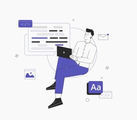 Wall Mural - man is working on ui ux design project. programmer, sit on infographic and work on laptop. freelance