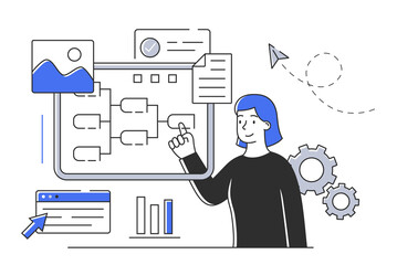Wall Mural - young cheerful female character is working on document with infographics in office. concept of scene