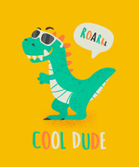 Cool Dude Dinosaur Tirannosaur Three Rex. Cartoon Tirex. Card for a Child. Vector Cute and Funny Cartoon Hand Drawn Dinosaur with Sunglassess, Children s Illustration, Print for Kids