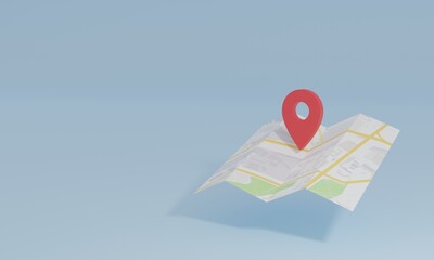 Folded navigation city map with target pin. Concept for navigation services. 3D rendering.