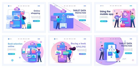 Canvas Print - collection of mobile app landing pages. people use mobile apps for online shopping, data storage, da