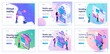 Collection of landing pages. Men and women use Mobile apps. Virtual reality, Setting reports, data analysis, data storage. Isometric characters