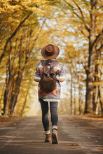 Stylish Woman Traveller In Hat With Backpack Walking On Road In Sunny Autumn Woods. Young Female Hipster Hiking In Fall Forest, Beautiful Moment. Travel And Wanderlust Concept. Back View