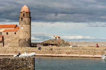 Sticker - Beautiful shot of touristic Collioure city and the church of Notre dames des Anges in France