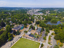First Baptist Church Aerial View At 111 Park Avenue And Salisbury Pond In Summer In Downtown Worcester, Massachusetts MA, USA. 