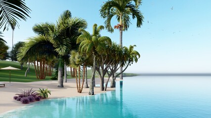 Romantic beach, two sun beds, loungers, palm tree. White sand, sea view with horizon, colorful twilight sky, calmness and relaxation. Inspirational beach resort hotel. 3d rendering.
