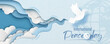 © Atiwat - Group of white clouds sky in abstract shape with white pigeon flying and the name of event on global and blue paper pattern background. Poster's campaign in paper cut style and banner vector design.