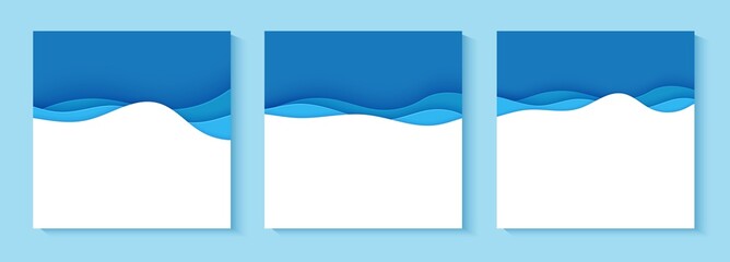Wall Mural - set of flyers with blue waves in paper cut style. collection of three papercut art empty banners for