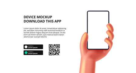Wall Mural - landing page banner advertising for downloading app for mobile phone, cute 3d hand holding smartphon