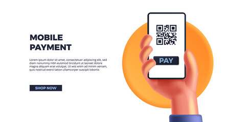Wall Mural - 3d cute hand holding smartphone for mobile payment. cashless society, qr code for tag payment produc