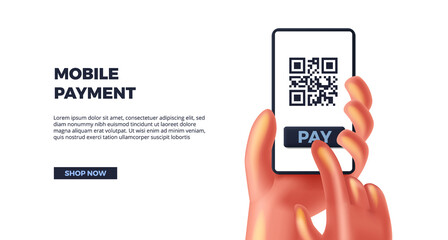 Wall Mural - 3d cute hand holding smartphone for mobile payment. cashless society, qr code for tag payment produc