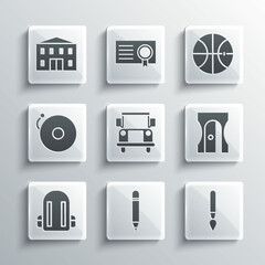 Sticker - Set Pencil with eraser, Paint brush, sharpener, School Bus, backpack, Ringing alarm bell, building and Basketball ball icon. Vector