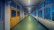 High school corridor balcony in the Nighttime, Turn on the light, Anime background, 2D illustration	
