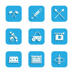 Sticker - Set Wooden four-wheel cart, Antique treasure chest, Battle crossbow with arrow, Street signboard Bar, King crown, Sword blood, Crossed medieval spears and flag icon. Vector