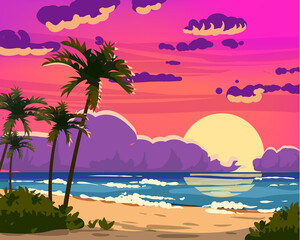 Wall Mural - Sunset Ocean Tropical resort landscape. Sea shore beach, sun, exoti csilhouettes palms, coastline, clouds, sky, summer vacation. Vector illustration cartoon style