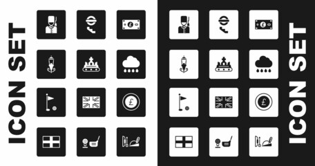 Sticker - Set Pound sterling money, British crown, Vintage street light, soldier, Cloud with rain, London underground, Coin pound and Golf flag icon. Vector