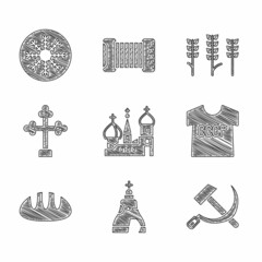 Sticker - Set Saint Basil's Cathedral, The Tsar bell, Hammer and sickle USSR, t-shirt, Bread loaf, Christian cross, Wheat and Snowflake icon. Vector