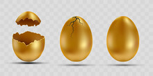 Set Of Golden Eggs With Broken Shells.