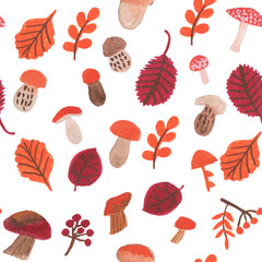 Wall Mural - Seamless autumn pattern with mushrooms and leaves on white background