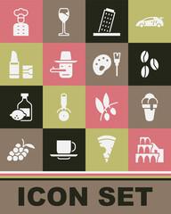 Sticker - Set Coliseum in Rome, Ice cream, Coffee beans, Tower Pisa, Pinocchio, Lipstick, Italian cook and Paint brush with palette icon. Vector