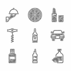 Poster - Set Bottle of wine, olive oil, Limoncello bottle, Car, Perfume, Wine corkscrew, Lipstick and Covered with tray food icon. Vector