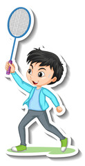 Sticker - Cartoon character sticker with a boy playing badminton