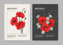 Set Of Elegant Floral Banner, Poster, Brochure, Greeting Card, Cover Or Wedding Invitation Design Template. Vertical Background With Red Poppies And Daisies. Vector Illustration