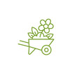 Yard cart icon. Soil and flower in the garden cart. Growing flower on wheelbarrow. Agriculture and gardener. Sowing plants. Vector contour line. Open paths. Editable stroke.