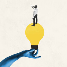 Female Blue Hand Holding Electric Bulb As Idea Symbol With Young Man, Office Worker Isolated On Light Background. Contemporary Art Collage.