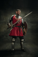 Wall Mural - Portrait of one brutal bearded man, medeival warrior or knight with dirty wounded face. Full length