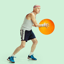 Fit Senior Man Training With Fruit On Light Background. Male Basketball Player With Orange Fruit As Ball. Healthy Food Concept. Artwork, Zine Collage