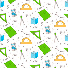 Seamless repeating pattern of mathematics and physics elements. Formulas and objects. Colored isolated illustrations in cartoon style on a white background.