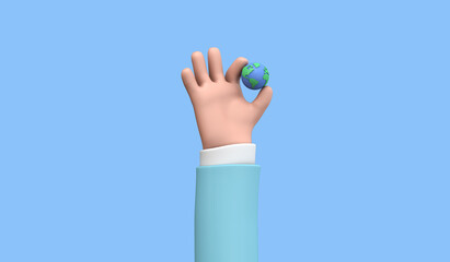 Wall Mural - Cartoon style hand holding a planet earth. Earth day concept. 3D Render