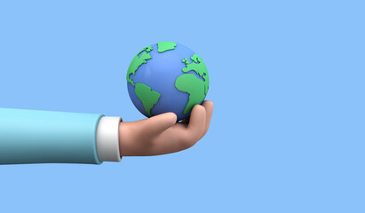 Wall Mural - Cartoon style hand holding a planet earth. Earth day concept. 3D Render