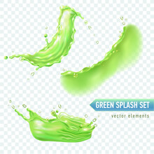 Set Of Realistic Green Splashes For Design Of Grape Or Green Tea Package And Ads. Transparent Background. Vector