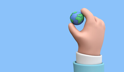 Wall Mural - Cartoon style hand holding a planet earth. Earth day concept. 3D Render